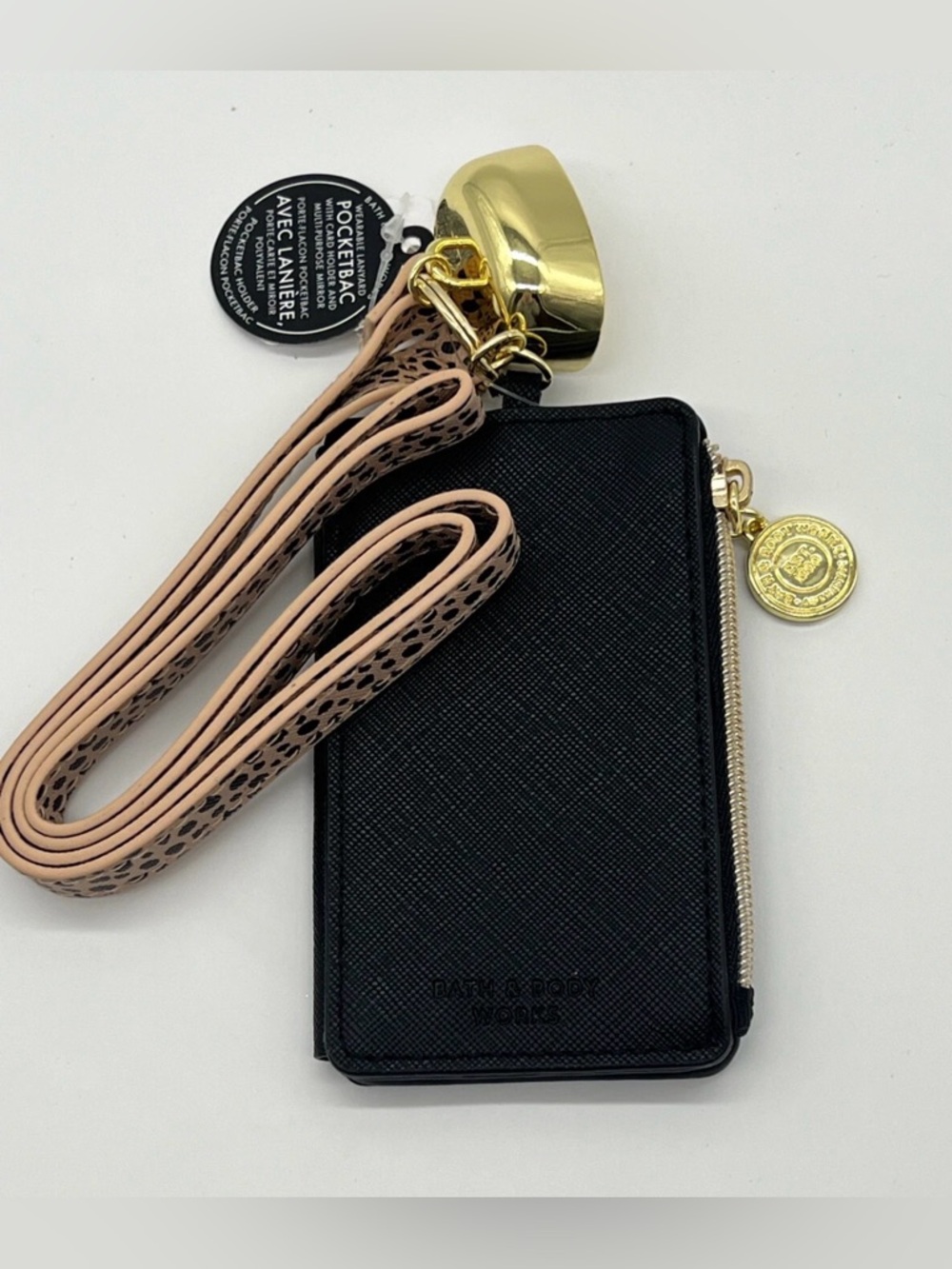 BATH & BODY WORKS Black/Cheetah Lanyard Pocketbac Holder CARD HOLDER w/ MIRROR